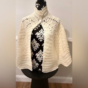 Handmade Chic Crochet Women Cream Knit Poncho Cape Granny Cottage Cardigan Shawl